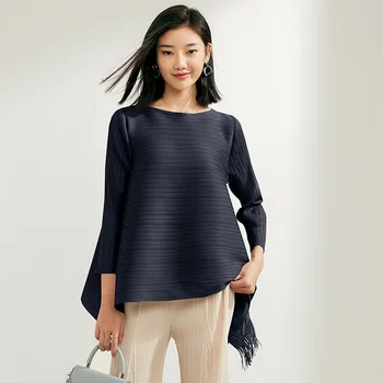 Miyake 2023 Нов три-curtilage нагънат A-линия хлабав тънък връх жените дизайн смисъл малък ресни тениска дълъг ръкав средна дължина